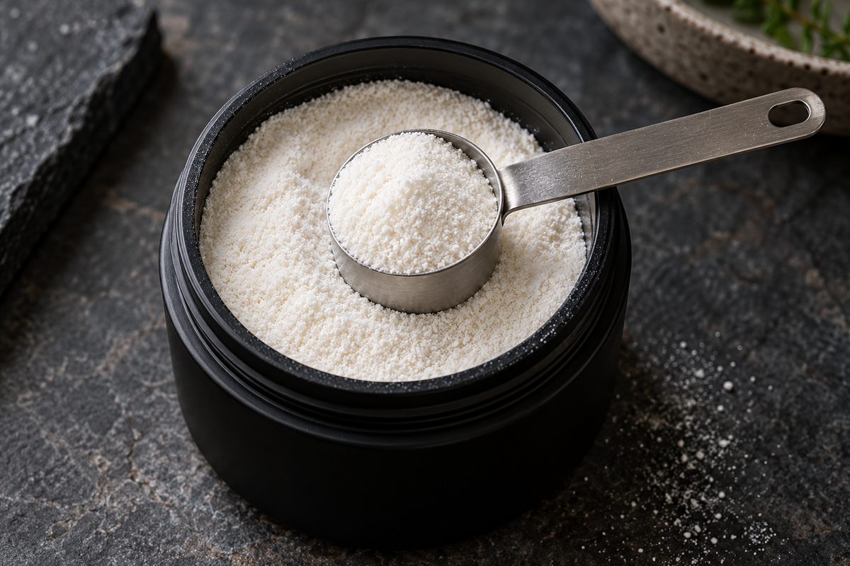Hydrolyzed Type I and III marine collagen peptide powder with stainless scoop