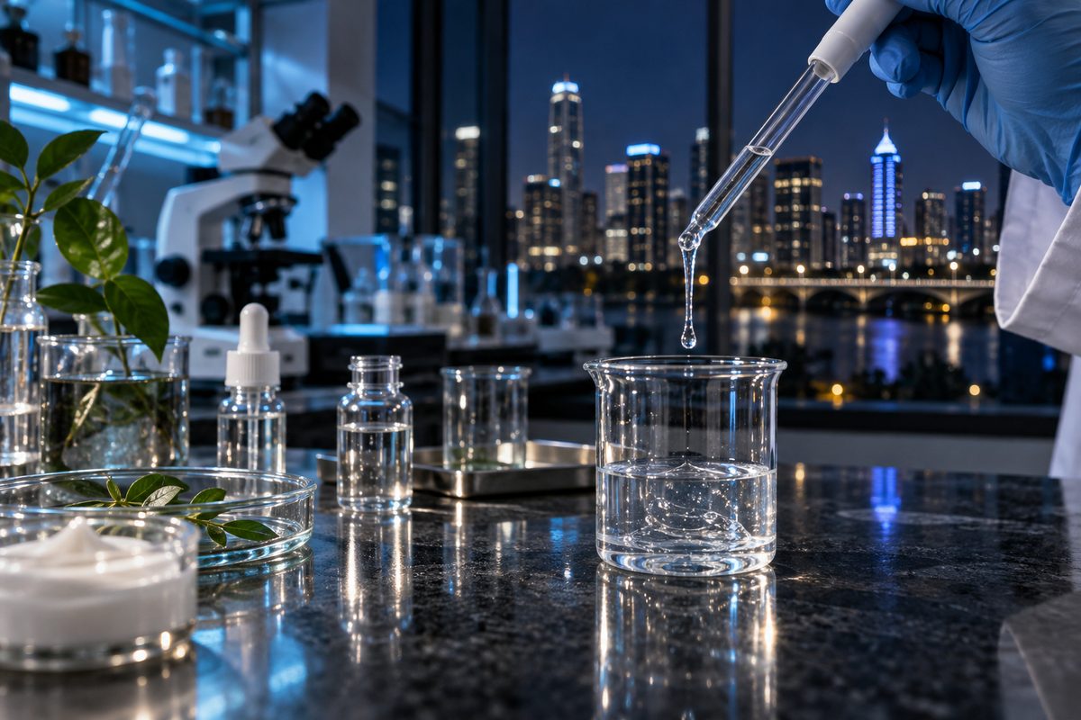 Technical skincare laboratory bench in Austin with formulation beakers and cold cyan lighting