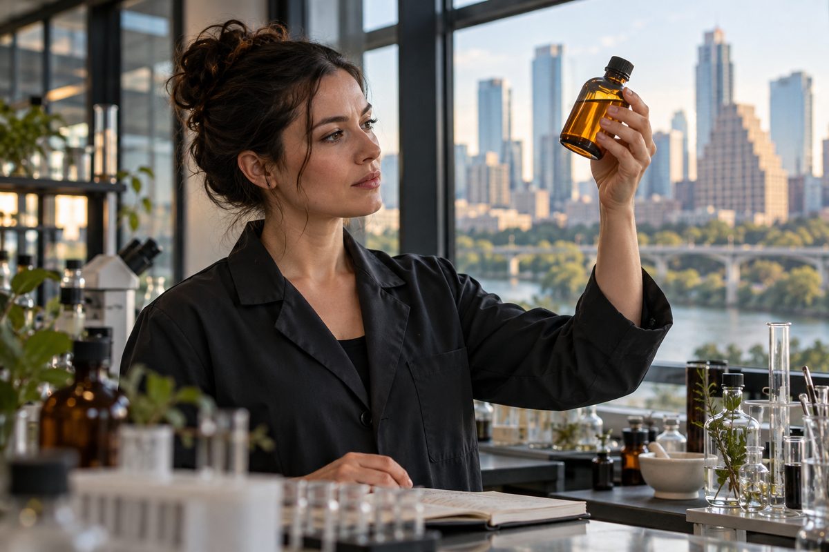 Product Manager Irina Petrova inspecting skincare formulation batch stability