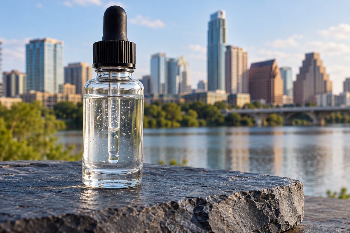 10% Niacinamide and 1% Zinc PCA balancing serum in a clear pharmaceutical dropper bottle