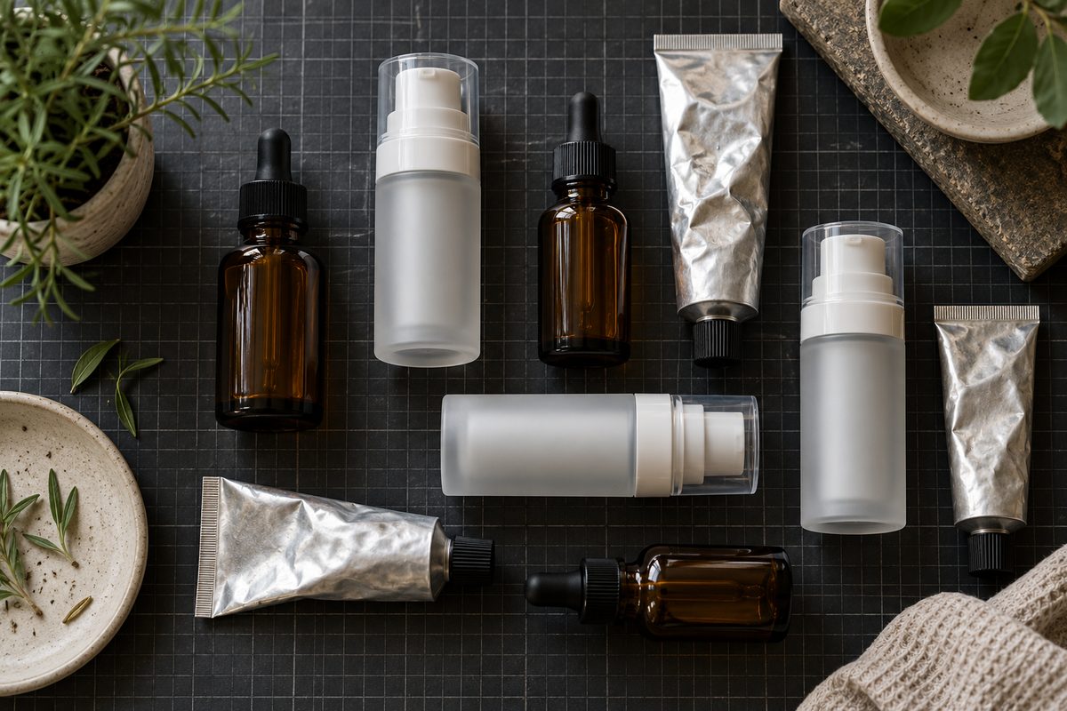 Standardized cosmetic dispensing containers, airless pumps, and dropper assemblies