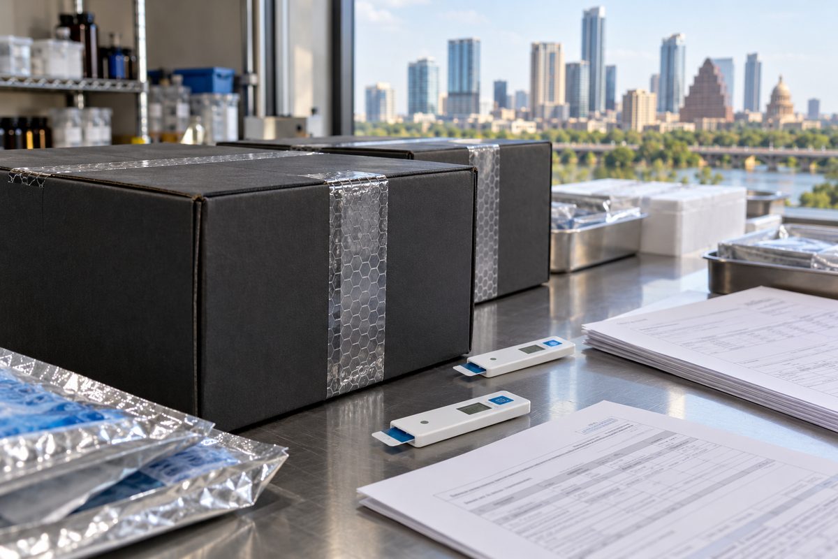 Temperature-monitored formulation batch cartons prepared for regional dispatch