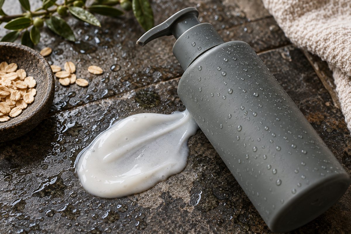 Biomimetic squalane and oat amino acid low-pH cleansing emulsion in dispenser